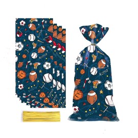 OUZHJH 100 Pieces Sport Party Treat Bags Baseball Cellophane Bags Soccer Football Basketball Goodie Bags Sports Treat Bags with 50 Pieces Twist Ties for Birthday Sport Party Favor Supplies