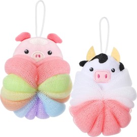 MKUCCD 2 Pcs Bath Loofahs Kids Toddler Cute Cartoon Bath Sponges Loofah Bath Pouf Body Scrubber Mesh Loofah Sponges for Children Shower Washing Exfoliating (Calf, Pig)