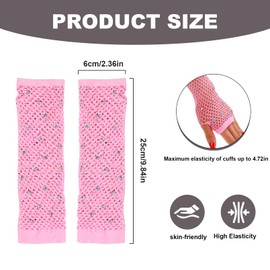 RainFlowwer Pink Fishnet Gloves Arm Sleeves, 80S Scene Emo Accessories Fish Net for Women Kids, Long Rhinestone Fingerless Mesh Gloves