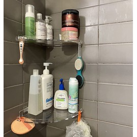 JiePai Acrylic Corner Shower Caddy Shelf with Hooks 2 pack, Adhesive Wall Mounted Bathroom Shower Shelf Organizer for Inside Shower & Kitchen Storage