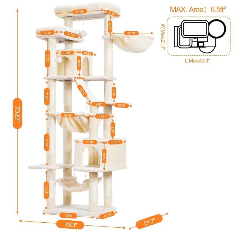 Heybly Cat Tree, 71-Inch-Tall Tower for Indoor Cats with 2