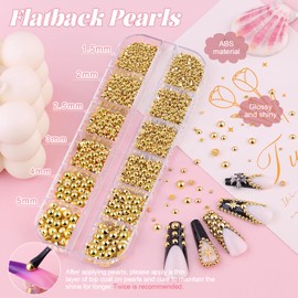 Flatback Pearls for Nail Art, Half Round Nail Gold Pearls with Pickup Pencil and Tweezers, Pearl Nail Charms Accessories for Acrylics Manicure Face Hair Crafts Decor