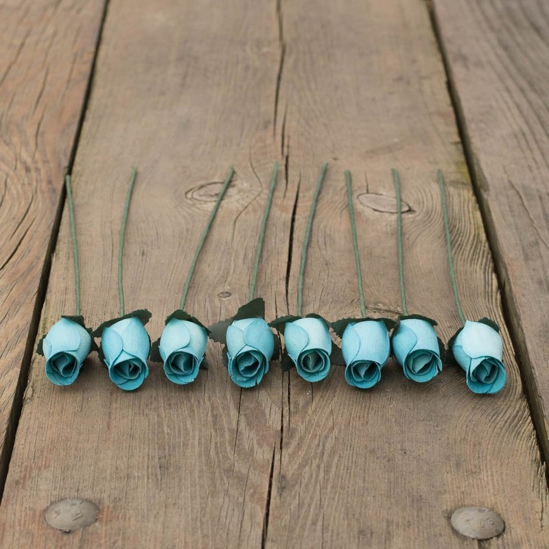 Light Blue Roses Bunch of 8 Closed Bud Wooden Roses