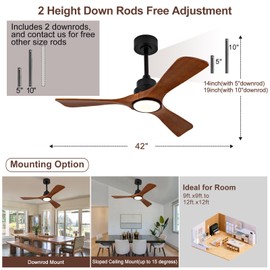 42 Inch Black Ceiling Fans with Lights and Remote, 3 Blade Wood Outdoor Ceiling Fan with Light Outdoor Ceiling Fans for Patios, Bedroom Ceiling Fan for Modern Living Room Patio Indoor Office
