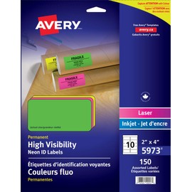 Avery Fluorescent Neon Labels, 4" x 2", Assorted Fluorescent Neon Colours, 150 Labels, Rectangle, Permanent (5973) Made in Canada