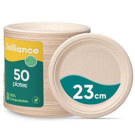 Jollliance 100% Compostable Paper Plates, Heavy Duty Disposable Plates 9 Inches/23 cm, Pack of 50 - Made from Sugar Cane Bagasse Fibre, Brown Disposable Plates, Biodegradable