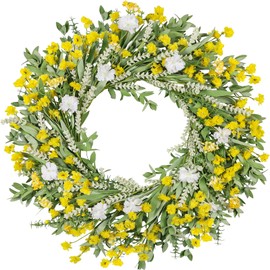 26" Spring Wreaths for Front Door Artificial Floral Wreath with Wildflowers Portulaca CHEAWRTZ Summer Easter Decorations for Indoor Outdoor Window Wall Farmhouse Porch Home Decor Yellow and White