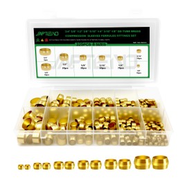 Japtend 325pcs Brass Compression Sleeves Ferrules Fittings Assortment Kit, 3/4" 5/8" 1/2" 3/8" 5/16" 1/4" 3/16" 1/8" 8 Sizes air hose ferrules kit of Air Water Fuel Oil Gas Tube Lines