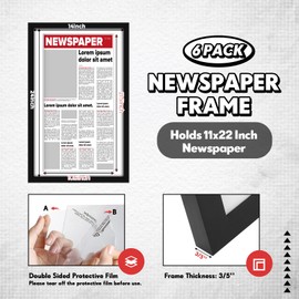 DoubleFill 6 Pcs 11x22 in Newspaper Frame with Mat Assorted Media Article Cover Frame with Hanging Hardware 14x24 in Newspaper Display Poster for Wall Decoration (White Mat)