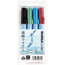 Kuretake EH19-21/4VB Water-Based Pen Manga Liner, Set of 4 Colors, Black, Emerald, Sapphire, Ruby