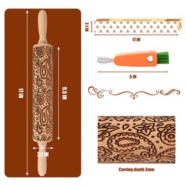 XINBADA 17" Premium Wood Rolling Pin with European Embossed Designs | 3mm Deep Springerle Cookie Molds | Christmas Rolling Pin & Baking Gifts for Women | Includes 3-in-1 Cleaning Brush