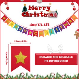 jijAcraft Merry Christmas Glitter Banner, 4M Pre-Assembled Felt Banner Garland for Christmas Party, Home, Office, Farmhouse, Door Fireplace Mantel Wall Decorations