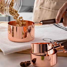 4-Piece Stainless Steel Measuring Cups Set with Wooden Handles – Engraved Measurement Cups for Baking and Kitchen Use, Stylish and Durable Measure Cup Set, Rose Gold