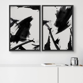 SIGNWIN Framed Canvas Print Wall Art Set Black Duotone Paint Stroke Landscape Abstract Shapes Illustrations Modern Art Decorative Contemporary for Living Room, Bedroom, Office - 24"x36"x2 Black