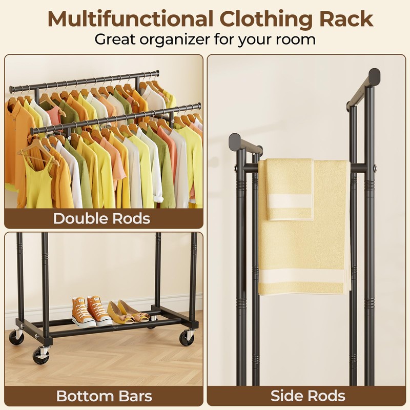 HYSEYY Double Rods Clothes Rack, Rolling Clothing Rack for Hanging