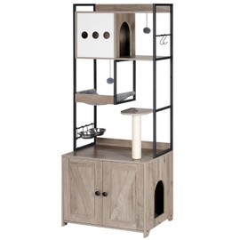HOOBRO Cat Tree with Litter Box Enclosure, 58.7"H Cat Tower with Hidden Litter Box Furniture, with Scratching Post, Step, Hammock, Multifunctional Indoor Pet Furniture with Food Bowls, Greige BG30MZ03