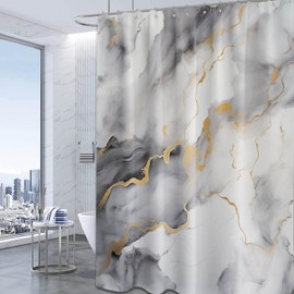 Sonbraux Marble Shower Curtains for Bathroom Grey and Gold Abstract Gray White Modern Wet Room Shower Curtain, Washable, Waterproof, Cloth Fabric, 180 x 200 cm