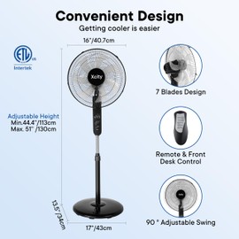 Xcity 16 inch Oscillating Pedestal Fan, 3-Speed Stand Fan, Remote Control, High Velocity, Adjustable Height & Tilt, 7.5H Timer, Powerful Quiet Standing Fan for Bedroom, Living Room, Office, Black