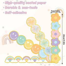 Whaline 60Pcs Bulletin Board Borders Back to School Pastel Colorful Preppy Firework Poms Happy Face Boho Flower Rainbow Border Trim with Gold Edge for Home Classroom Party Wall Decoration