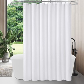 MitoVilla Long Fabric Shower Curtain Liner, Soft & Lightweight Shower Curtain Liner for Hotel with Plastic Hooks, Machine Washable, Waterproof, 72x78 Inch, White