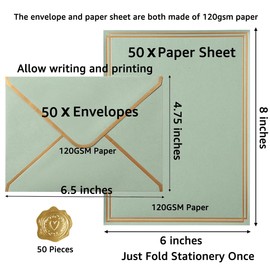 Topeen 50 Pack Stationery Set with Gold Border, A6 Envelopes and 6x8 Paper Sheets and Stickers for Writing Letters (Sage-Green, 6x8 Inches)