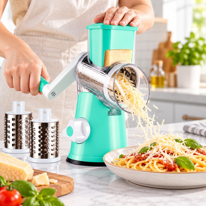 Rotary Cheese Grater for Everyday Food Prep – 3 Interchangeable