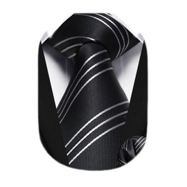 HISDERN Ties for Men Black Tie Black & Silver Striped Mens Tie and Pocket Square Set Business Formal Woven Striped Necktie Handkerchief for College