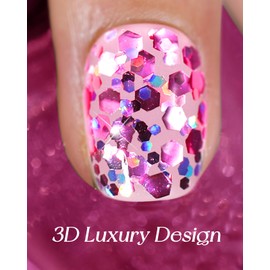 Swooflia Short Squoval Press On Nails – Squoval Summer Cute Hot Rose Red Colorful Glitter Fake Nail Acrylic Artificial Flase Fingernails for Women, Reusable Handmade Thick Manicure Finger-L