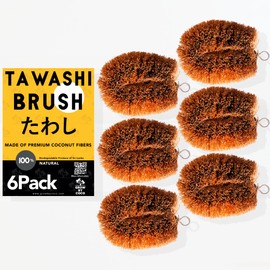 GrowByCoco Pack of 6 Tawashi 100% Natural Coconut Coir Fiber Brush, Vegetable Scrub Brush, Ideal for Fruit Scrub, Kitchen Cleaning Needs, Kamenoko Japanese Design