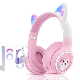 BLAZDEVE Bluetooth Cat Ear Headphones, Foldable Ear LED Light Child Wireless Headphones with Microphone and LED Light for Child, Compatible with Mobile Phones PC Tablet (Pink)