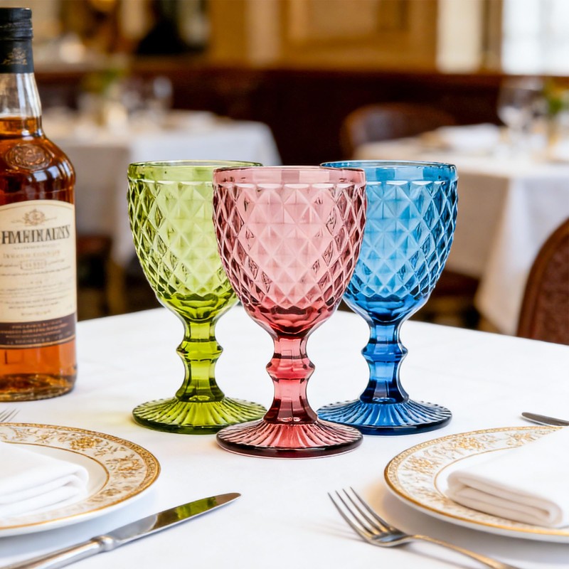 6Pcs 10oz Colored Embossed Stem Wine Goblets Wedding Party Bar