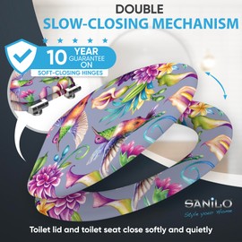 Sanilo Soft Close Toilet Seat ELONGATED, Quiet and Slow Close Lid and Seat, Strong Bumpers and Hinges, Hummingbird