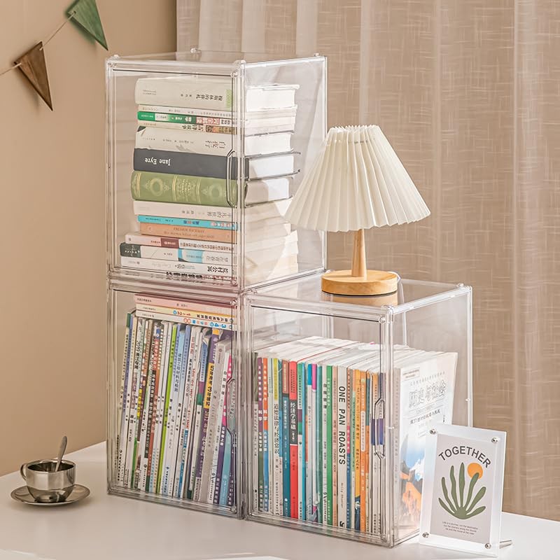 BOHOIDEE 2PACKS Clear Book Storage Organizer for Bookshelf, Plastic Stackable
