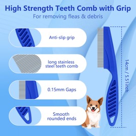 FUYIHGL 4-in-1 Pet Comb Set: Flea Lice Comb for Cats & Dogs, 4 Styles, All Hair Types, Blue