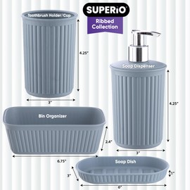 Superio Ribbed Collection - Decorative Plastic Bathroom Accessories Set, Blue (Set of 4) Soap Dish, Liquid Dispenser, Toothbrush Holder Cup, Vanity Organizer Tray - Bathroom Countertop Decor Gift