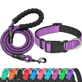 Ladoogo Reflective Dog Collar Padded with Soft Neoprene Breathable Adjustable Nylon Dog Collars for Small Medium Large Dogs (Medium (Pack of 1), Purple Collar+Leash)