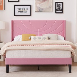 VECELO Queen Size Bed Frame Upholstered Platform with Fabric Headboard/Wooden Slats Support/No Box Spring Needed/Mattress Foundation,Pink
