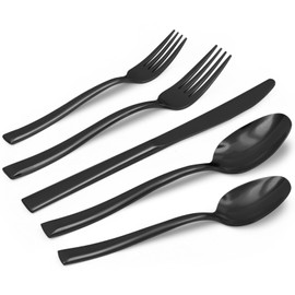 Kikbioee 20-Piece Black Silverware Set, Forged Stainless Steel Cutlery Set, Bevel Handle Flatware Set, Modern Mirror| Dishwasher Safe| Service for 4