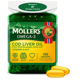 Moller's Cod Liver Oil Capsules Omega-3 Fatty Acids DHA & EPA, Contains Vitamin A, D & E, Supports Immune System, Heart Function, Brain Function & Vision, Pack of 160