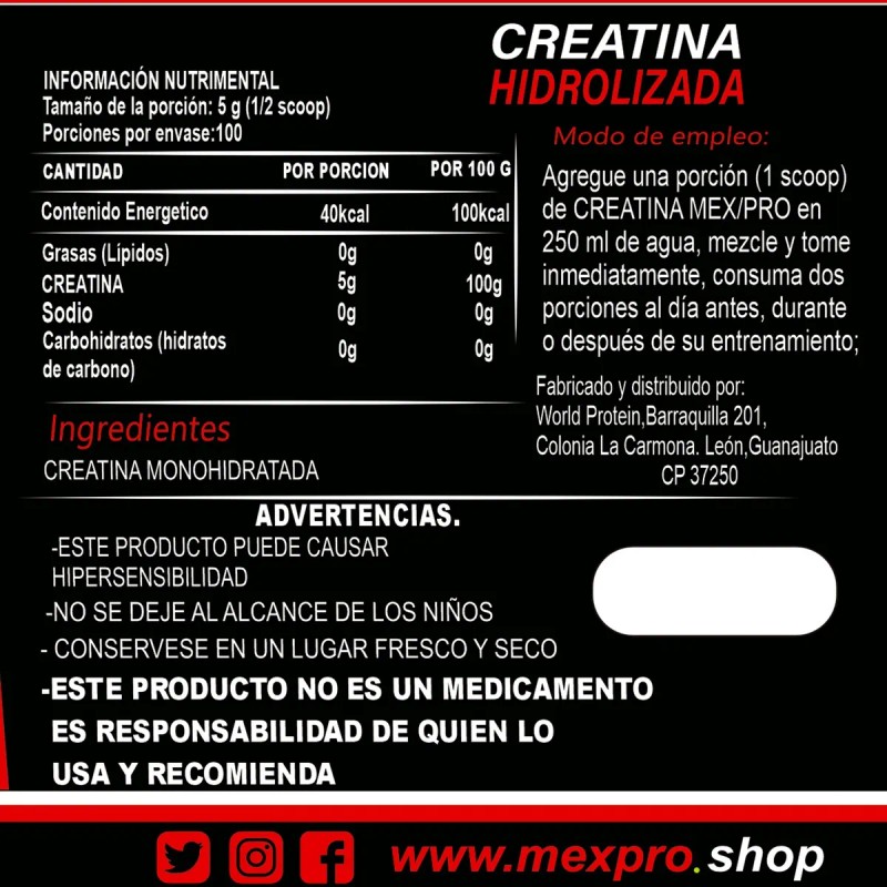 Mex/pro Creatina Monohidratada 500gr Varios Sabores