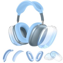 4 in 1 Silicone Case for AirPods Max Headphones (2024/2020), Clear Gradient Soft TPU Ear Cups/Ear Pad Cover/Headband Cover Transparent Accessories Case Protector for Airpods Max (Sky Blue)