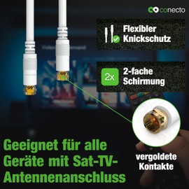conecto Antenna Cable Satellite Cable Coaxial Cable Satellite Cable TV 1.00 m Double Shielded F-Connector for HDTV, Receiver, Satellite, Internet, DAB, Radio, White