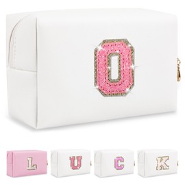 Bolsa de maquillaje con letra inicial personalizada, bolsa de cosméticos con purpurina preppy, Blanco/Rosa-Letra, O