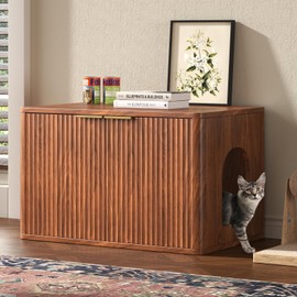 Hootata 31.5" Walnut Cat Litter Box Enclosure Furniture, Large Decorative Hidden Litter Box Cabinet, Fluted Mid Century Modern Kitty End Table for Living Rooms, Entryways, or Bedrooms