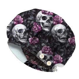 DELORIGIN Bouffant Hats with Skull and Rose Motif, Adjustable Work Cap, Cotton, for Nurses, Doctors and Surgery Hat with Button and Sweatband for Nurses and Cooking