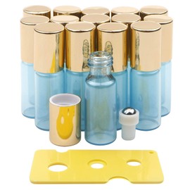 Kesell - Lote de 15 botellas de vidrio con rodillo de acero inoxidable y tapas doradas (5 ml), color azul claro