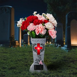 Lewondr Solar Cemetery Vases for Grave, Cross Grave Flower Holder with Solar Light & Ground Spike, Headstones Grave Vase Decoration, Sympathy Gifts for Loss of Loved One, Grey