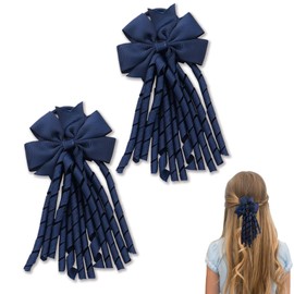 Dalababa 2 Pcs Hair Bow Spiral Streamers, Bow Hairbands Kids Ponytail Holder, Hair Bobbles Ties Curly Ribbons Accessories for Girls Toddler School Uniform Birthday Gift - Navy Blue
