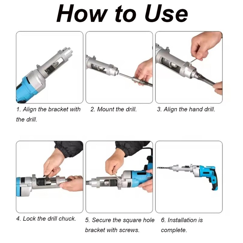 Square Hole Drill Bit Adapter with 3Pcs Drills, Aluminium Alloy