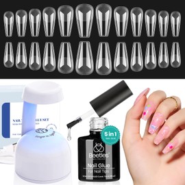 Beetles Gel Nail Kit Easy Nail Extension Set With Etch X Nail Tips 504Pcs Half Matte Medium Coffin Shaped Tips 5 in 1 Nail Glue Base Gel and Innovative Led Lamp Diy Art at Home Nail Kit